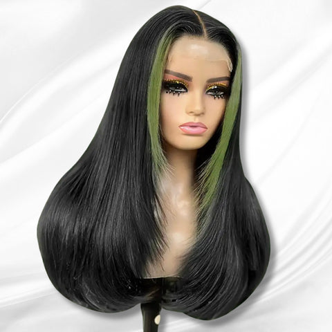 Synthetic Black Wig + Green Highlight