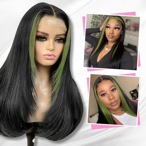 Synthetic Black Wig + Green Highlight